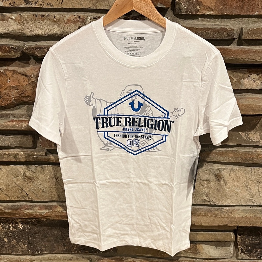 True Religion Optic White and Blue HS Logo Graphic Short Sleeve Tee